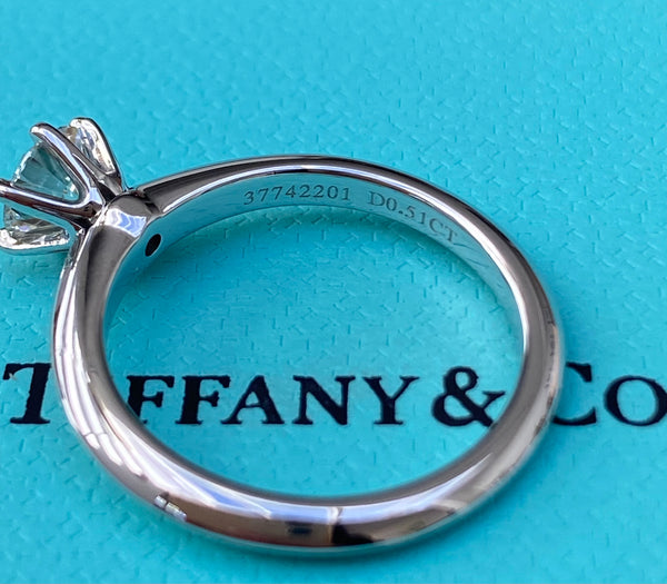 Tiffany & Co. 0.51 I/VS2 Diamond 6 Prong Engagement Ring Platinum Cert/Val/Boxes