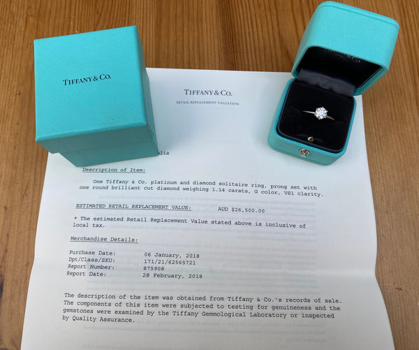 Tiffany & Co. 1.14ct G/VS1 Diamond Solitaire Engagement Ring Box/Papers/Cert