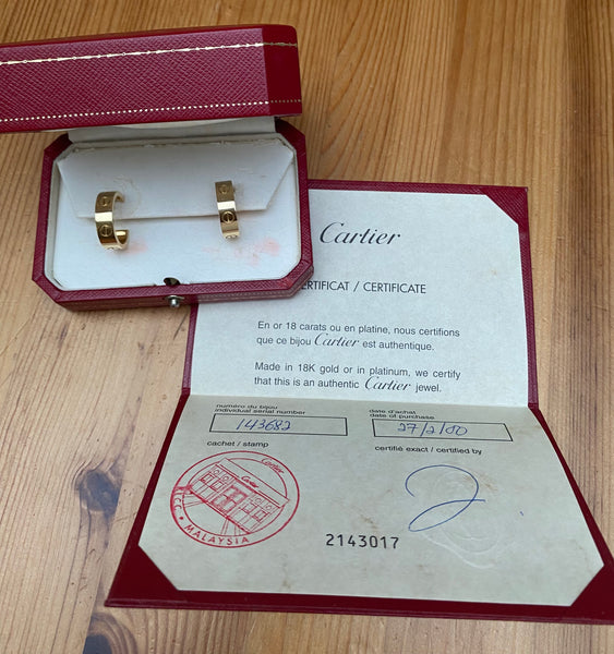 Cartier LOVE 18ct Yellow Gold 5.7mm wide Hoop Earrings with Cert/Packaging