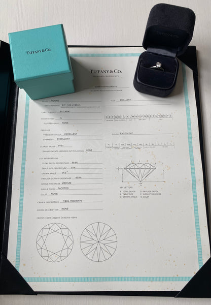 Tiffany & Co. 0.80ct G/VVS1 Diamond Classic Engagement Ring Cert/Val/Boxes