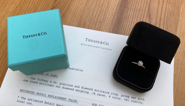 Tiffany & Co. 0.78ct F/VS1 Diamond 6 Prong Engagement Ring Cert/Val/Boxes