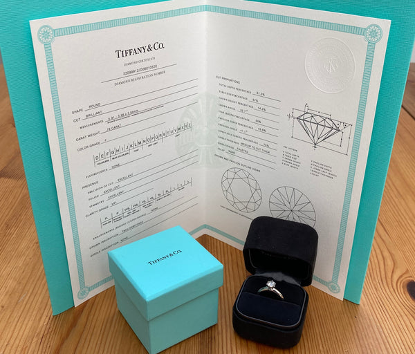 Tiffany & Co. 0.78ct F/VS1 Diamond 6 Prong Engagement Ring Cert/Val/Boxes