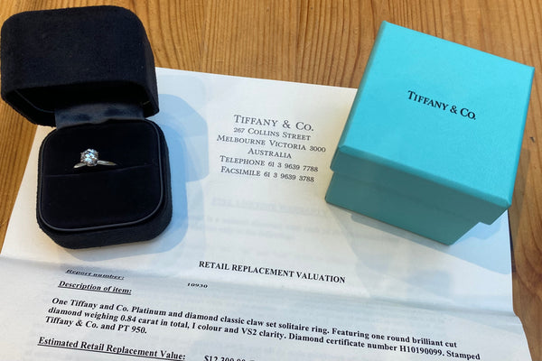 Tiffany & Co. 0.84ct I/VS2 Diamond Solitaire Engagement Ring Cert/Val/Boxes