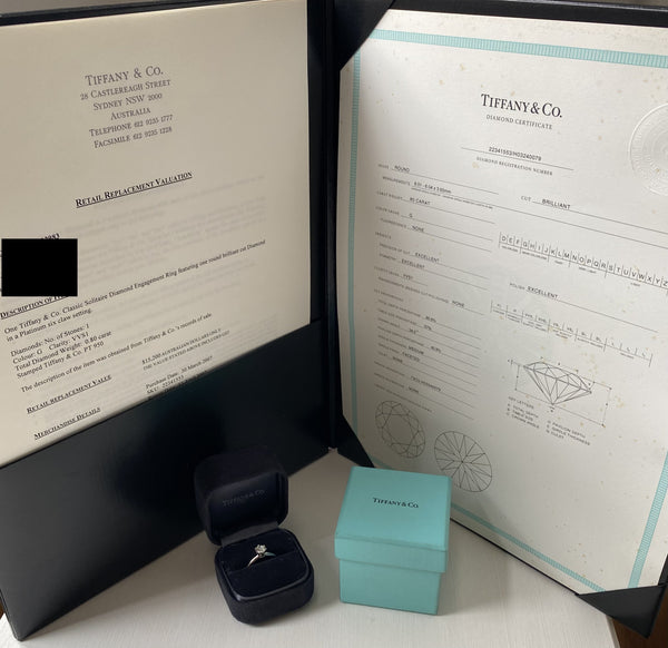 Tiffany & Co. 0.80ct G/VVS1 Diamond Classic Engagement Ring Cert/Val/Boxes