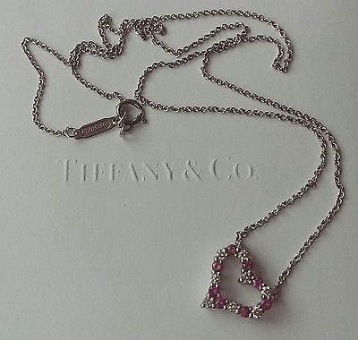 Tiffany & Co Diamond/Pink Sapphire Pinched Heart Pendant 16" Chain PT950 $2950