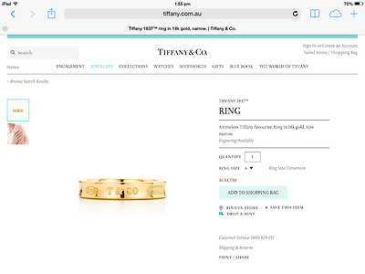 Tiffany & Co 1837 18ct Yellow Gold Ring Size 5.5 RRP $1550 with Receipt