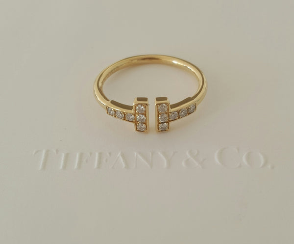 Tiffany & Co. 0.13tcw Diamond and 18ct Yellow Gold 'T' Ring Size 5 Receipt Boxes