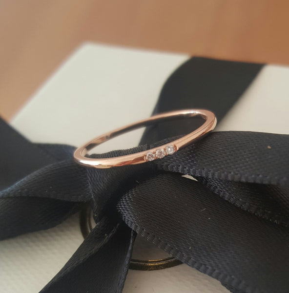 Solid 18ct Rose Gold and 3 Diamond Minimalist Wedding Anniversary Engagement Dress Band Ring Size 5.5 by CTJ