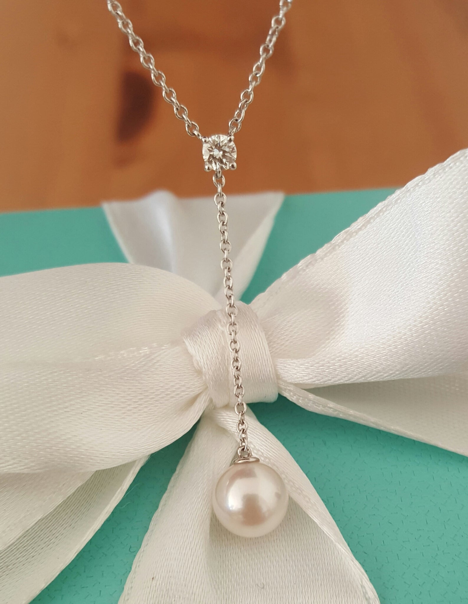 Tiffany & Co. Pearl Diamond Drop Pendant Necklace on 18" 18ct White Gold Chain
