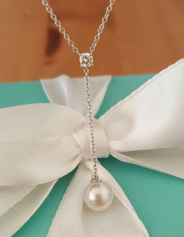 Tiffany & Co. Pearl Diamond Drop Pendant Necklace on 18" 18ct White Gold Chain