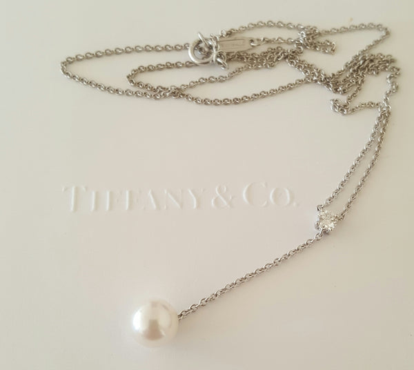 Tiffany & Co. Pearl Diamond Drop Pendant Necklace on 18" 18ct White Gold Chain