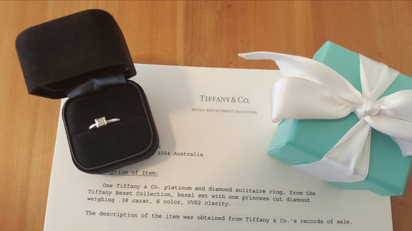 Tiffany & Co. 0.38 E/VVS2 Princess Cut Bezel Set Platinum Engagement Ring