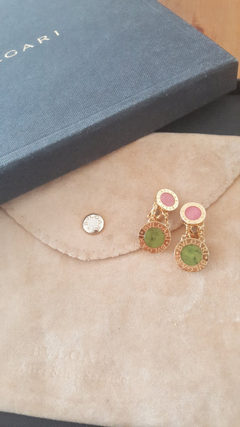 Vintage Bvlgari 18ct Yellow Gold Green Jade Red Coral Drop Dangle Clip-On Earrings