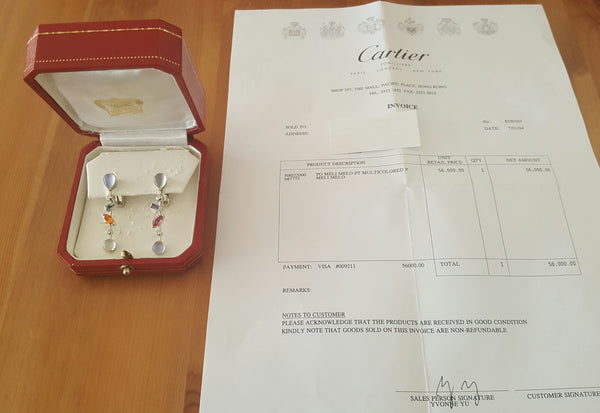 Cartier Meli Melo Diamond Multi Gem Vintage Drop Earrings Platinum Receipt Box