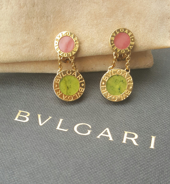 Vintage Bvlgari 18ct Yellow Gold Green Jade Red Coral Drop Dangle Clip-On Earrings