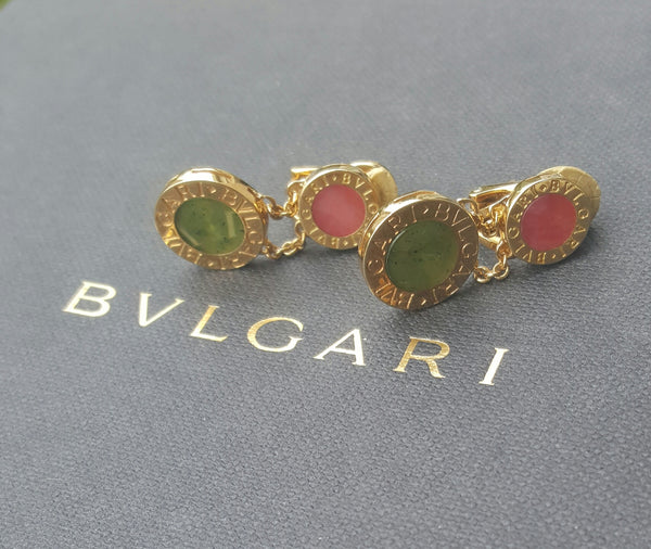 Vintage Bvlgari 18ct Yellow Gold Green Jade Red Coral Drop Dangle Clip-On Earrings