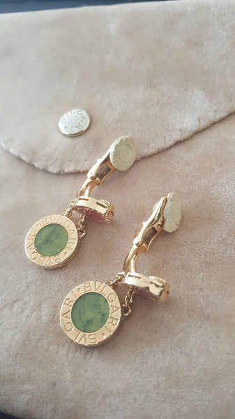 Vintage Bvlgari 18ct Yellow Gold Green Jade Red Coral Drop Dangle Clip-On Earrings