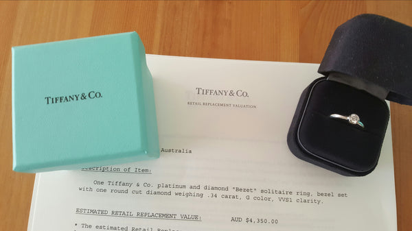 Tiffany & Co. 0.34ct G/VVS1 Bezel Set Diamond Bezet Engagement Ring Cert/Val/Pck