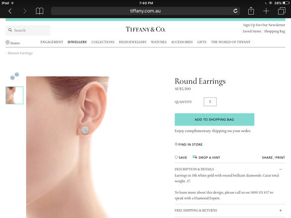 Tiffany & Co. 0.37tcw Diamond and 18ct White Gold Round Earrings RRP $5300