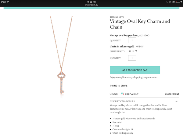 Tiffany & Co 0.14tcw Diamond and 18ct Yellow Gold Vintage 1 inch Key RRP $3300