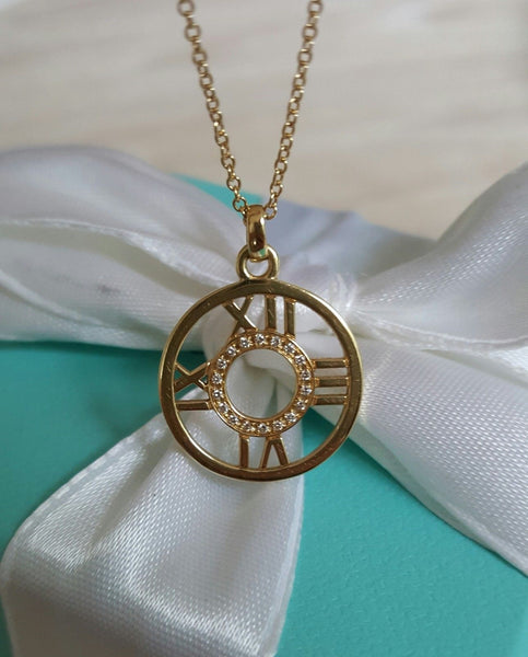 Tiffany & Co. Yellow 18ct Gold & Diamond Atlas Round Pendant/Necklace 16" Chain