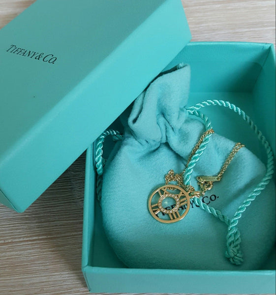 Tiffany & Co. Yellow 18ct Gold & Diamond Atlas Round Pendant/Necklace 16" Chain
