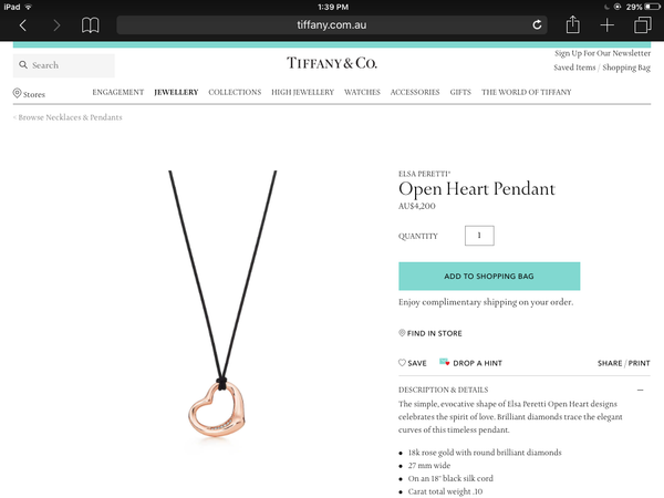 Tiffany & Co 'Large' Elsa Peretti 18ct Rose Gold/Diamond Necklace/Pendant $4900