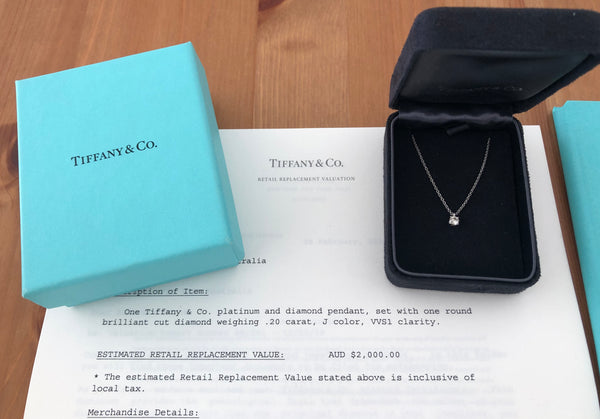 Tiffany & Co. 0.20ct VVS1 Diamond Pendant in Platinum 16 inch chain with Cert/Val/Packaging