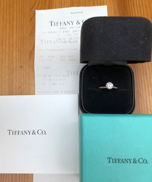 Tiffany & Co. 0.74ct F/VVS2 Diamond Solitaire Engagement Ring Cert/Val/Rcpt