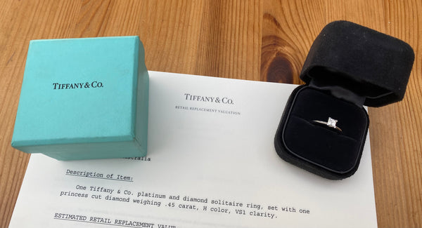 Tiffany & Co. 0.45ct H/VS1 Diamond Princess Cut Engagement Ring Cert/Val/Boxes