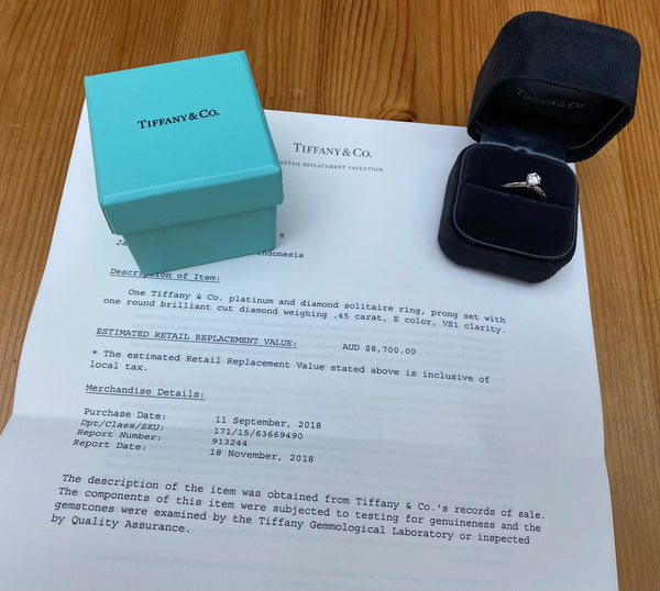 Tiffany & Co. 0.45ct E/VS1 Diamond Classic Engagement Ring Cert/Val/Boxes