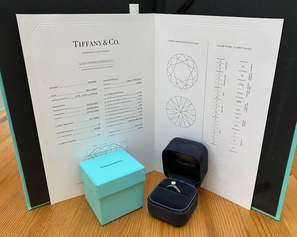 Tiffany & Co. 0.45ct E/VS1 Diamond Classic Engagement Ring Cert/Val/Boxes