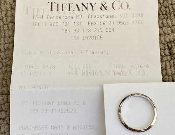 Tiffany & Co. 2mm Platinum Knife Edge Ring with Receipt