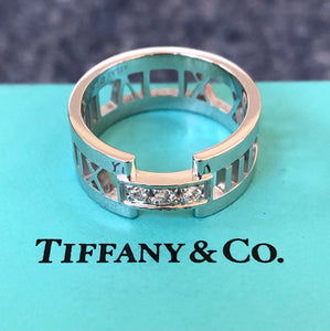 Tiffany & Co. 18ct White Gold and Diamond Wide Atlas Ring Size 8