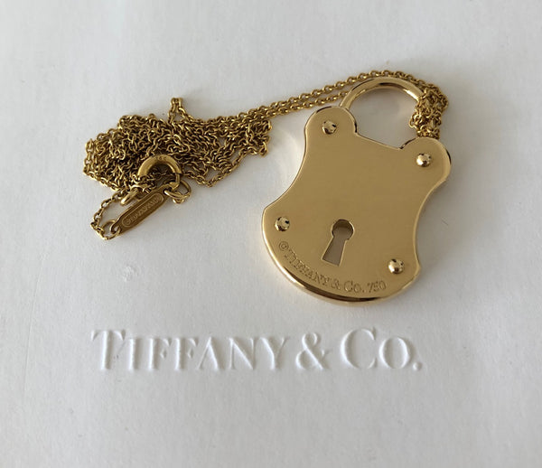 Tiffany & Co. Solid 18ct Gold and Diamond Lock Pendant 14.06 grams 16 inch chain