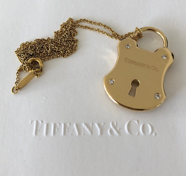 Tiffany & Co. Solid 18ct Gold and Diamond Lock Pendant 14.06 grams 16 inch chain