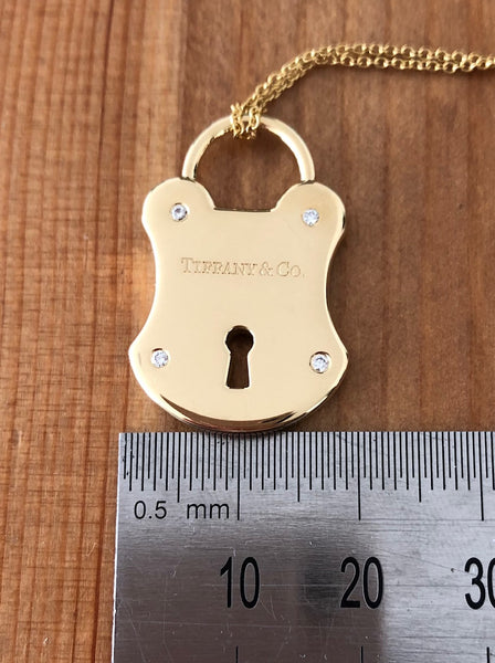 Tiffany & Co. Solid 18ct Gold and Diamond Lock Pendant 14.06 grams 16 inch chain