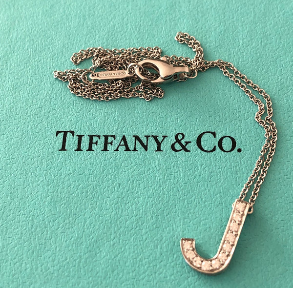 Tiffany & Co. 0.11tcw Diamond and Platinum 'J' Alphabet Necklace Receipt and Box
