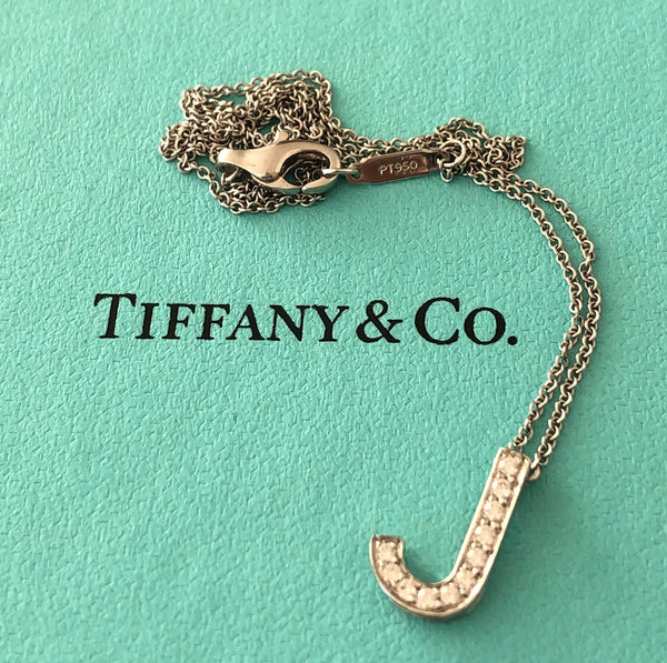 Tiffany & Co. 0.11tcw Diamond and Platinum 'J' Alphabet Necklace Receipt and Box