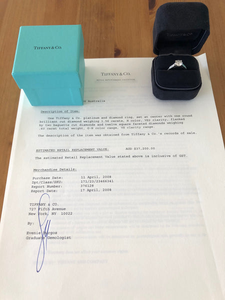 Tiffany & Co. 2.16tcw (1.56ct Centre) H/VS2 Diamond Engagement Ring with Accents PT950 Cert/Val/Box