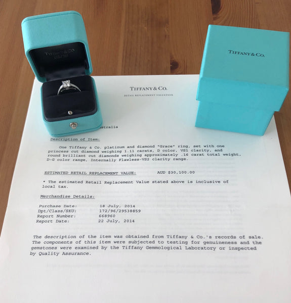 Tiffany & Co. 1.27tcw (1.11ct Centre) D/VS1 Princess Cut 'Grace' Engagement Ring Platinum