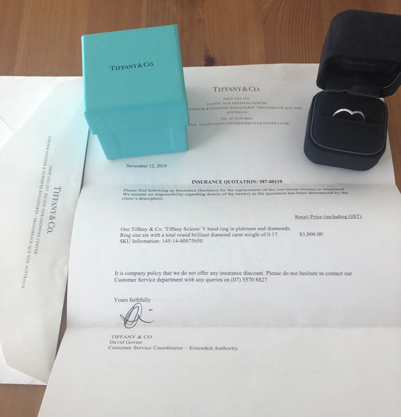 Tiffany & Co. 0.17tcw Diamond Soleste 'V' Half Eternity Ring Band Mint Condition Boxes/Receipt/Tiffany Valuation Letter