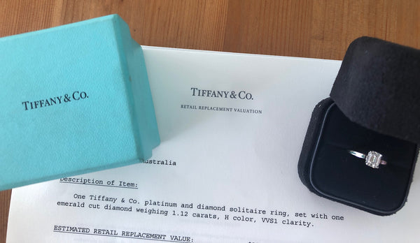 Tiffany & Co. 1.12ct H/VVS1 Diamond Emerald Cut Solitaire Engagement Ring Cert/Val