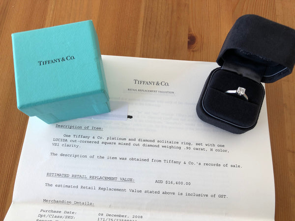 Tiffany & Co. 0.90ct H/VS1 Diamond Lucida Solitaire Engagement Ring Val/Cert/Rcp