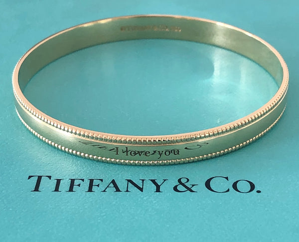 Tiffany & Co. Solid 18ct Yellow Gold Vintage I LOVE YOU Milgrain Bracelet Bangle 6.7cm wide