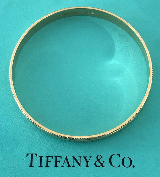 Tiffany & Co. Solid 18ct Yellow Gold Vintage I LOVE YOU Milgrain Bracelet Bangle 6.7cm wide