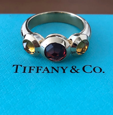 Tiffany & Co. Vintage Garnet & Citrine Rose Cut 3 Stone Ring in 18ct Yellow Gold