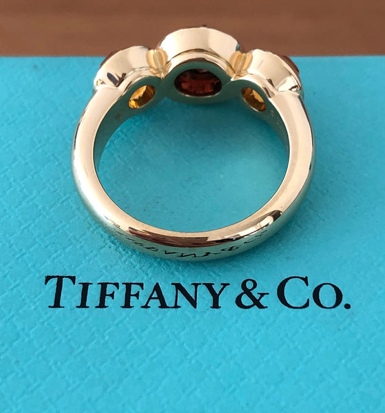 Tiffany & Co. Vintage Garnet & Citrine Rose Cut 3 Stone Ring in 18ct Yellow Gold