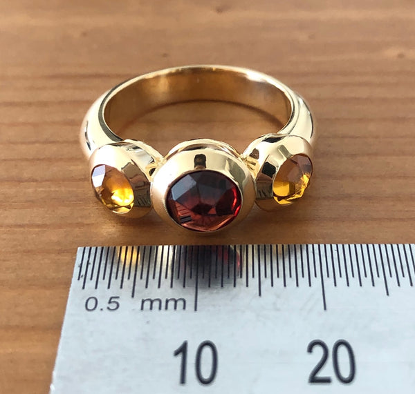 Tiffany & Co. Vintage Garnet & Citrine Rose Cut 3 Stone Ring in 18ct Yellow Gold