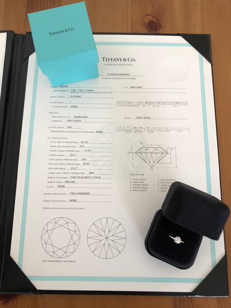 Tiffany & Co. 0.74ct I/VS2 Diamond Solitaire Engagement Ring PT950 Cert/Val/Rcpt